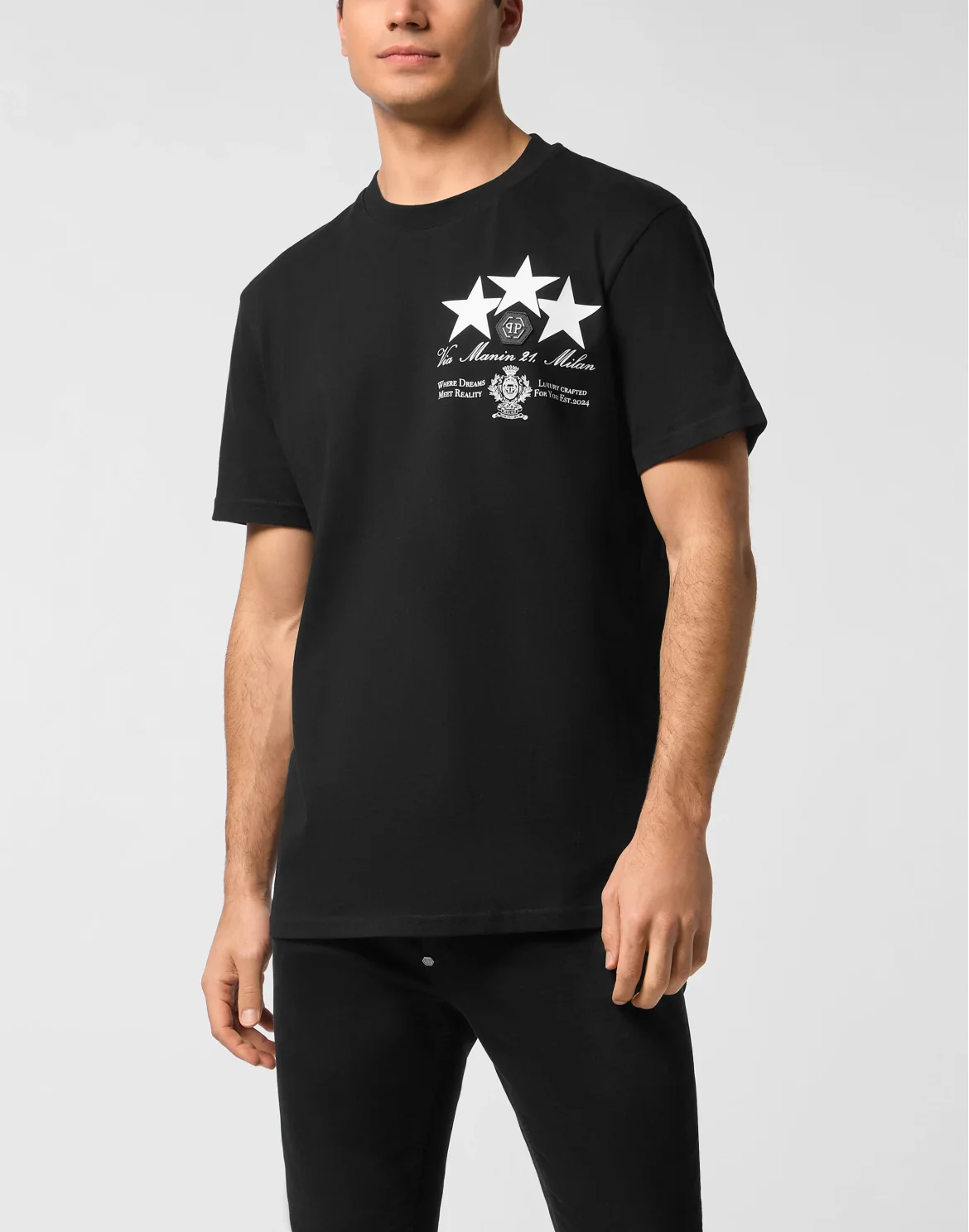 Round Neck T-Shirt Leather Patch Stars, цвет: Черный