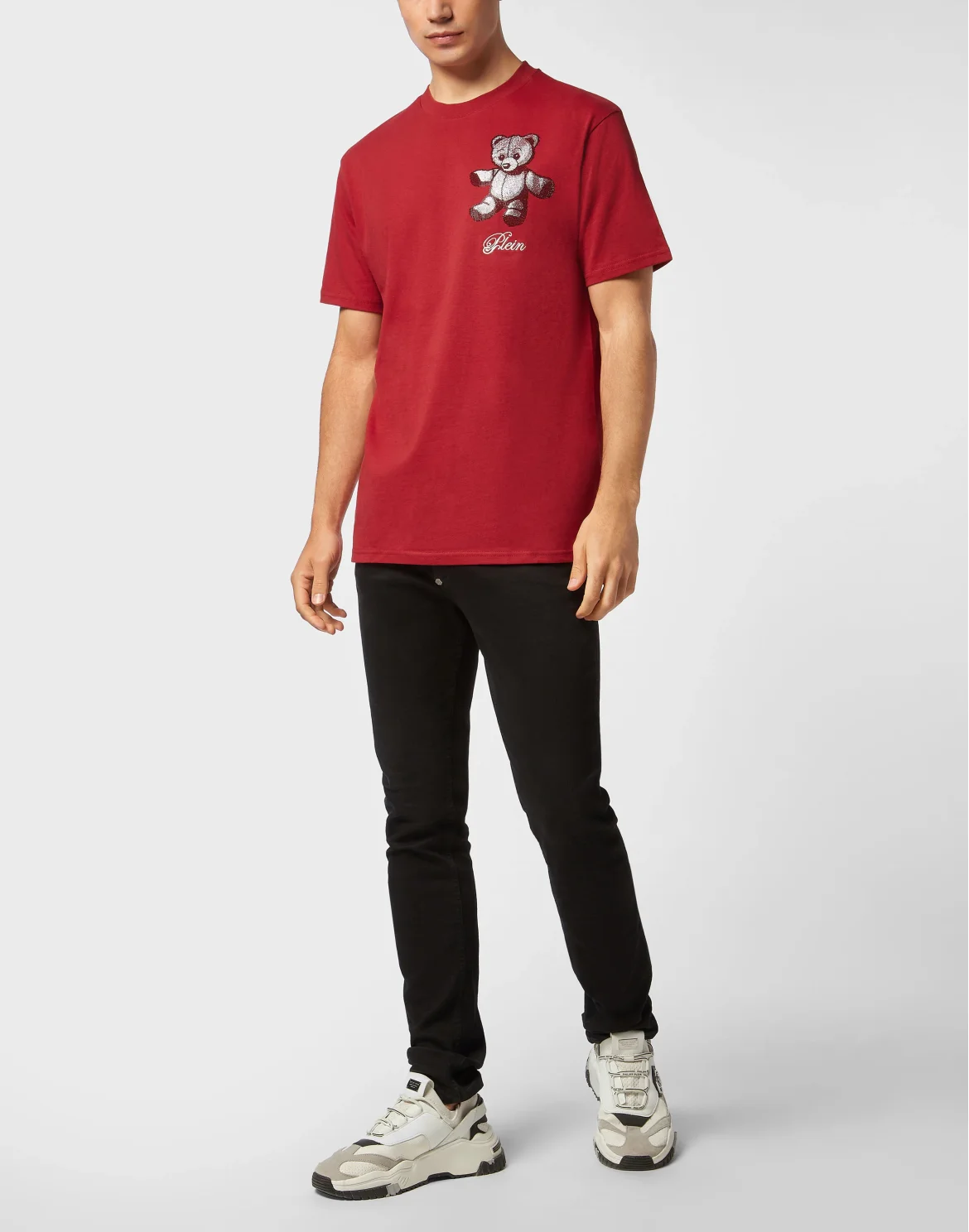 Embroidered Round Neck T-Shirt Strass Teddy Bear, цвет: Красный