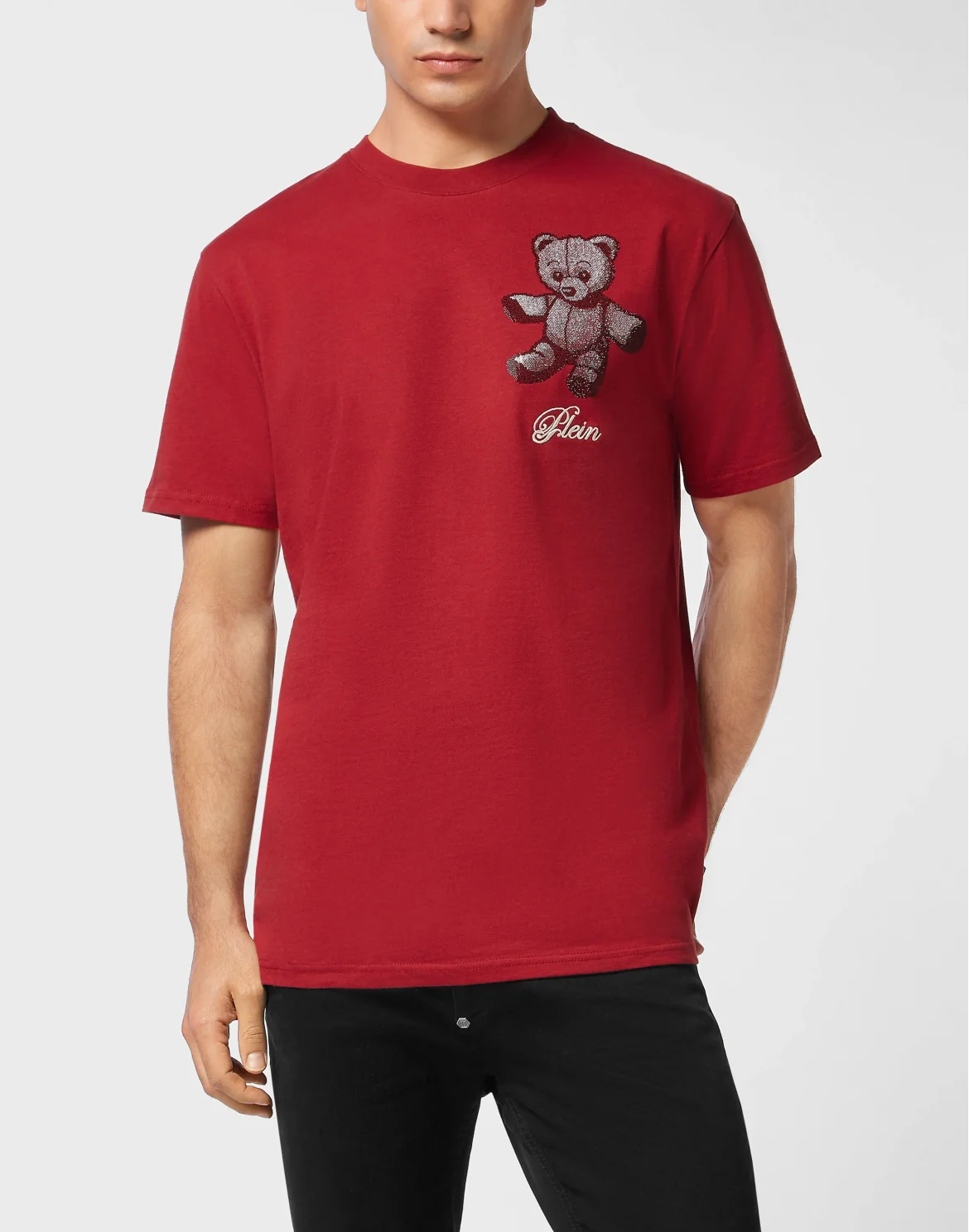 Embroidered Round Neck T-Shirt Strass Teddy Bear, цвет: Красный