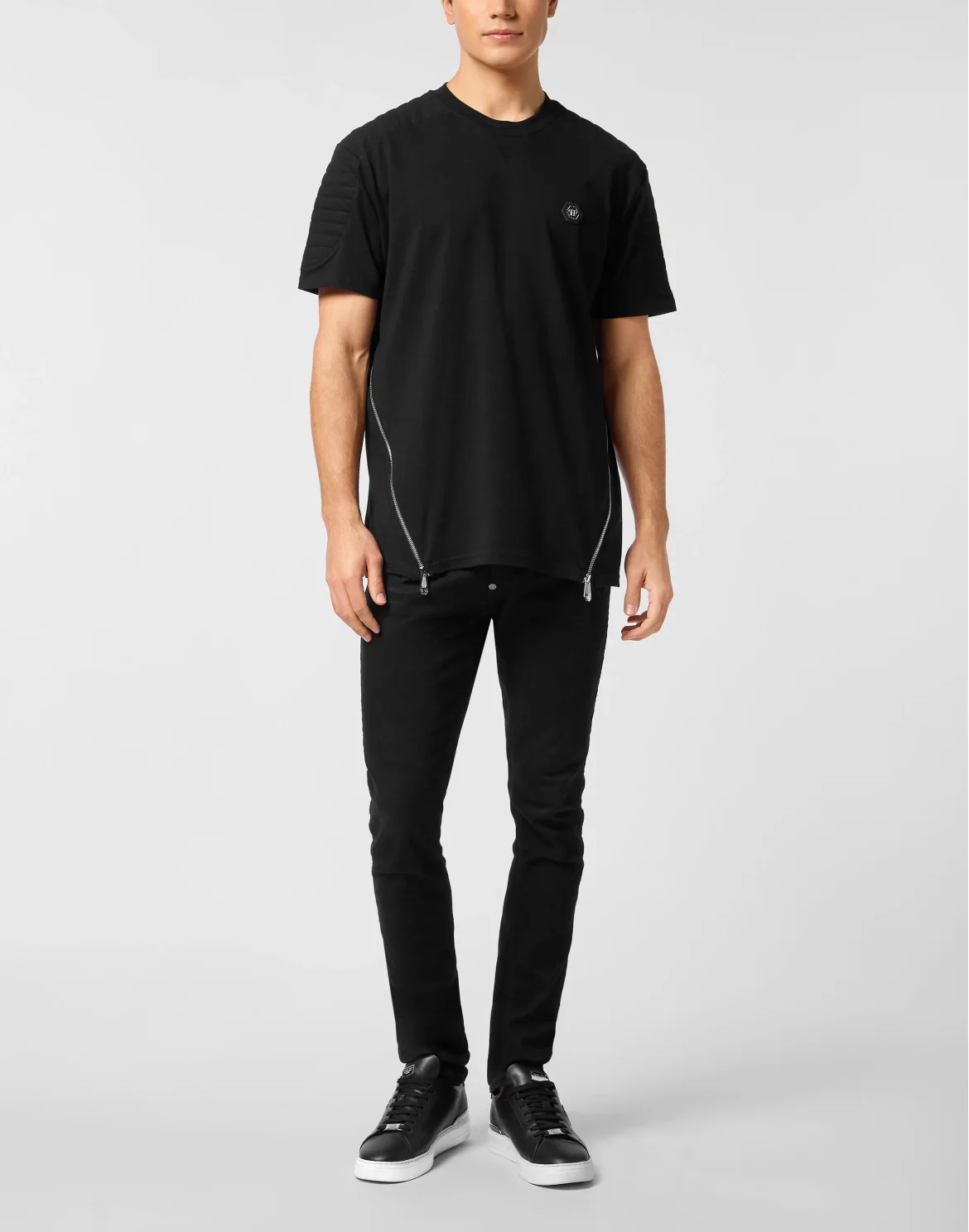 Padded Sleeves Round Neck T-Shirt Hexagon, цвет: Черный