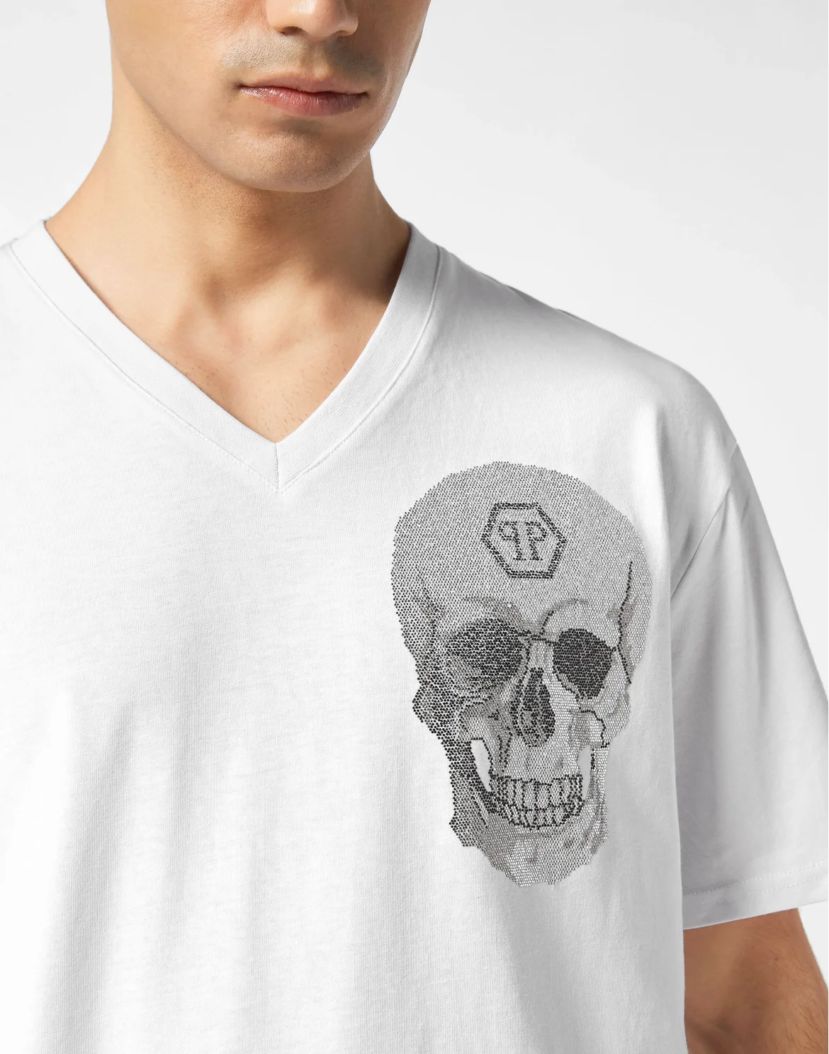 V Neck Heavy Cotton T-Shirt Crystal Skull, цвет: Белый