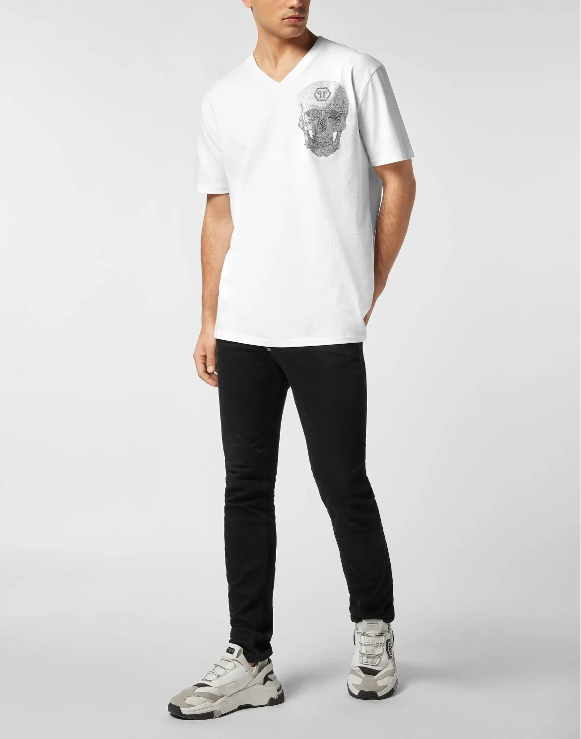 V Neck Heavy Cotton T-Shirt Crystal Skull, цвет: Белый
