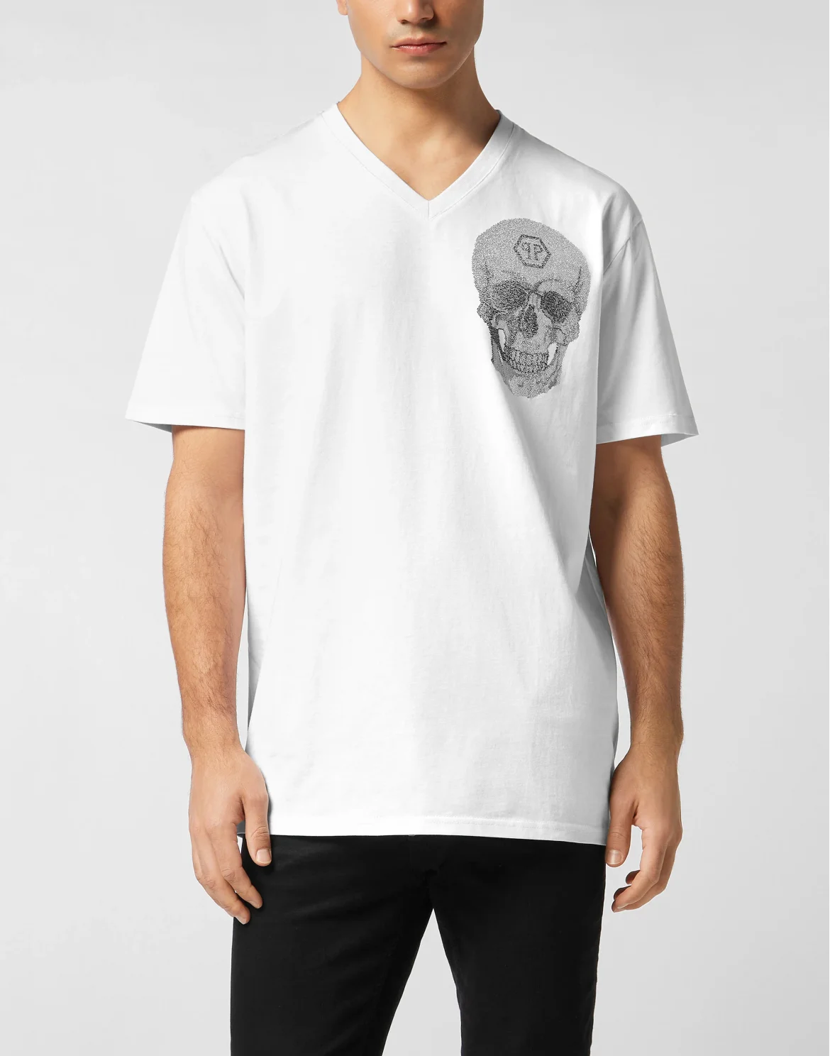 V Neck Heavy Cotton T-Shirt Crystal Skull, цвет: Белый