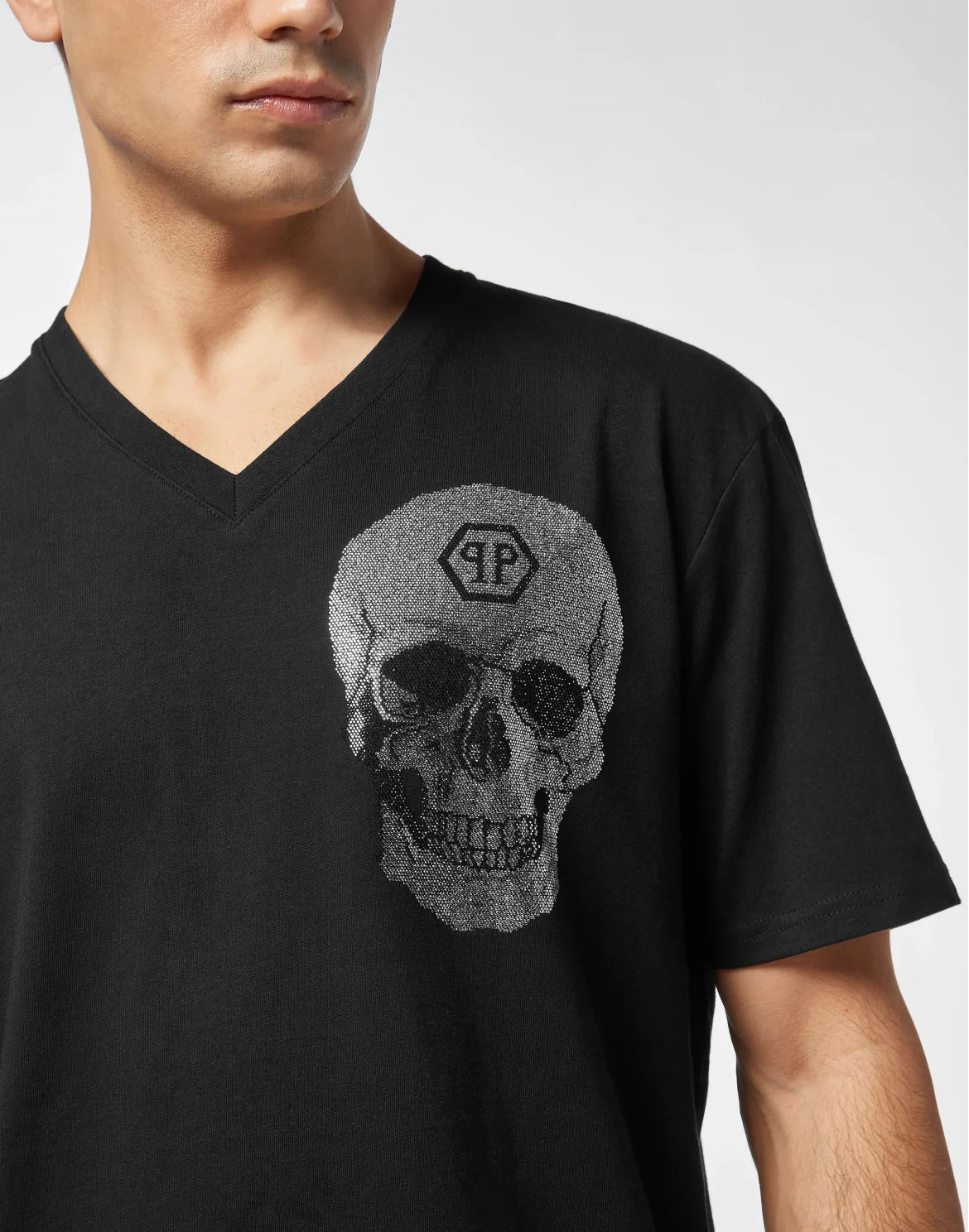 V Neck Heavy Cotton T-Shirt Crystal Skull, цвет: Черный