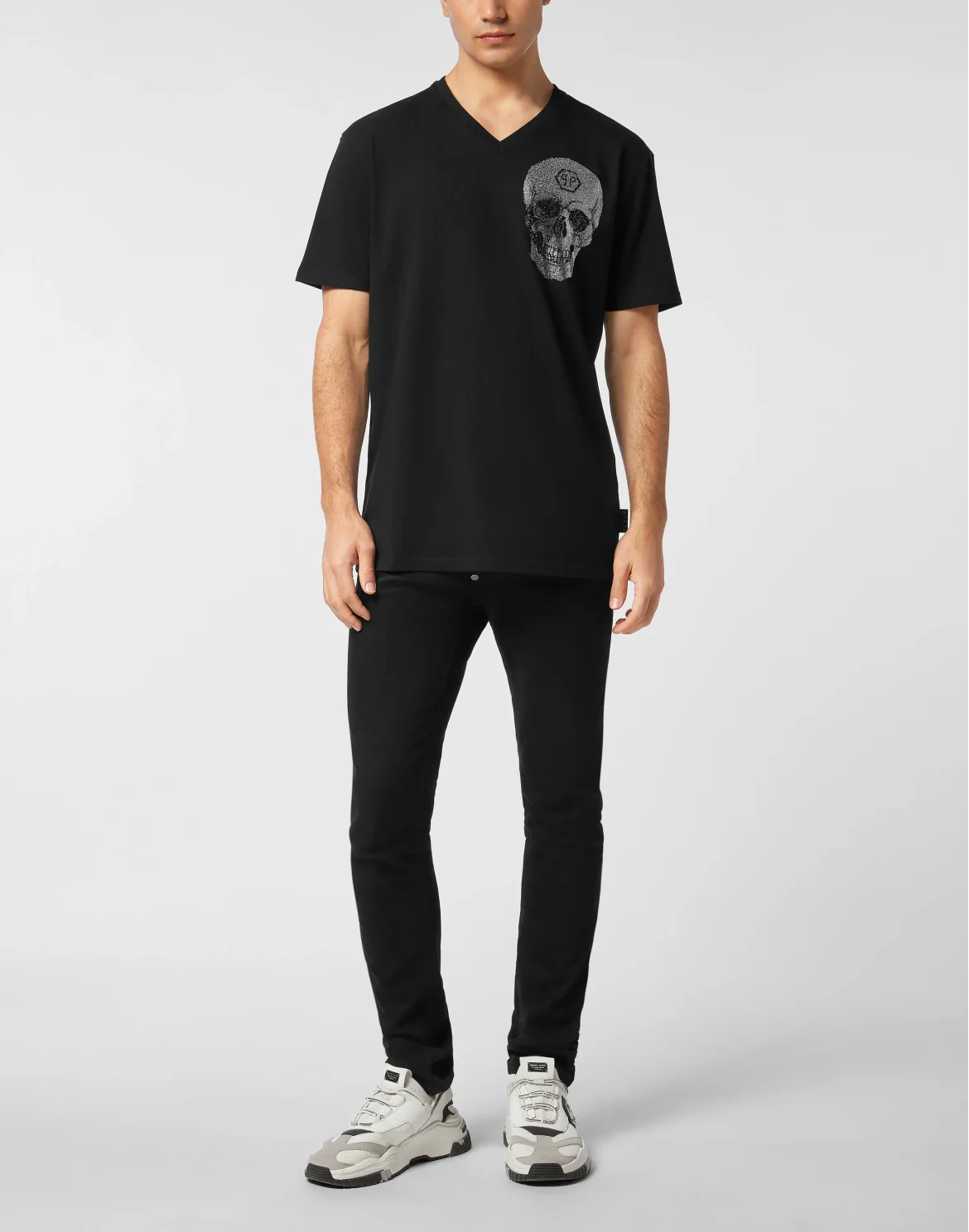 V Neck Heavy Cotton T-Shirt Crystal Skull, цвет: Черный