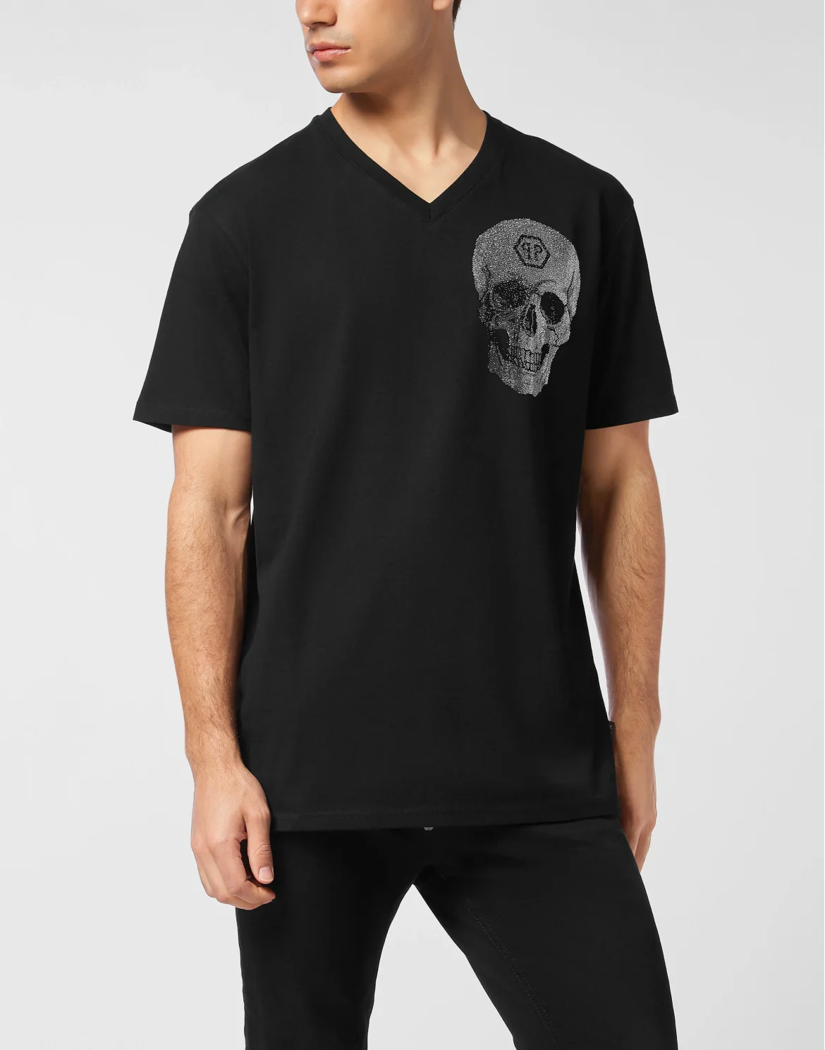 V Neck Heavy Cotton T-Shirt Crystal Skull, цвет: Черный