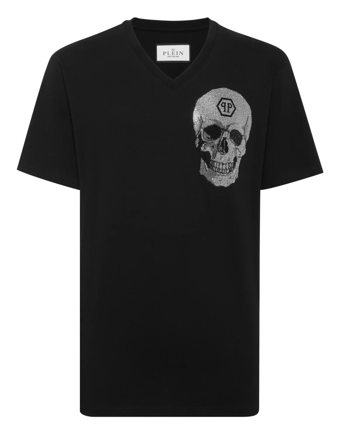 V Neck Heavy Cotton T-Shirt Crystal Skull, цвет: Черный