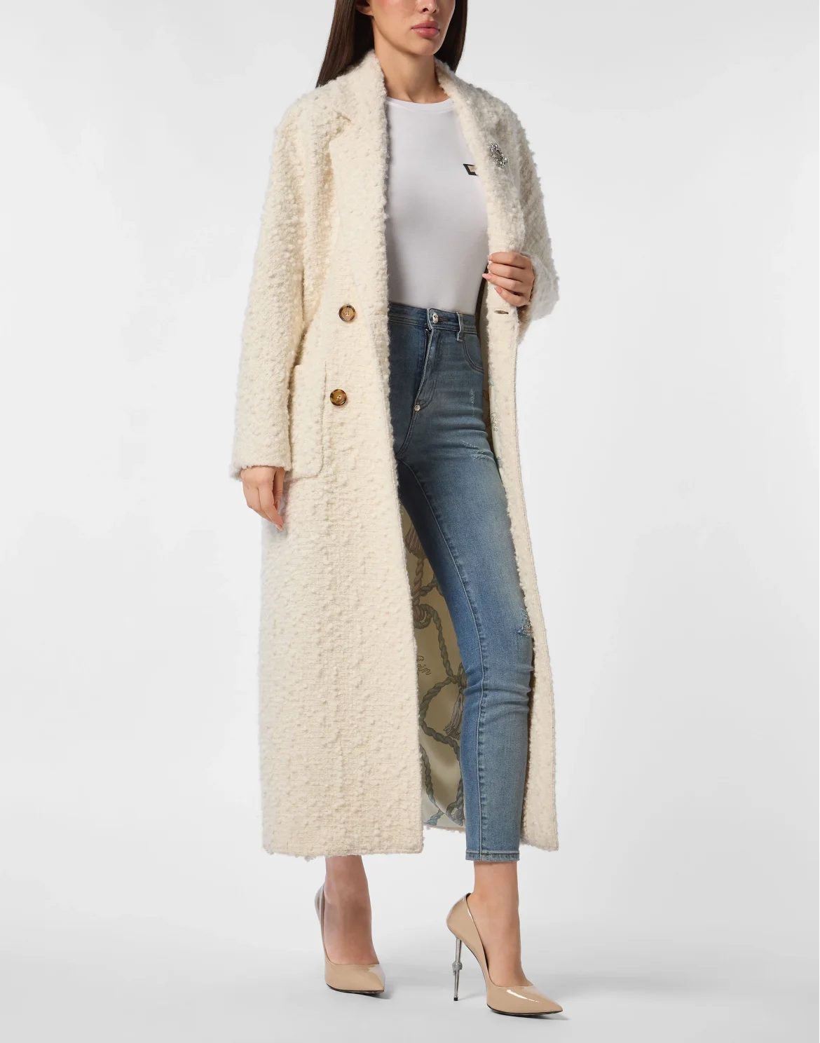 Boucle  Double-Breasted Long Coat, цвет: Бежевый
