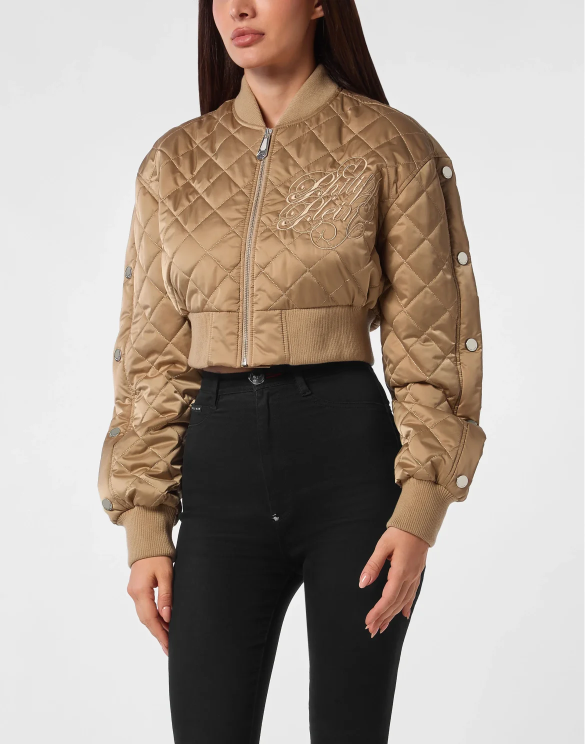 Nylon Cropped Oversize Bomber Matelasse Diamond Signature, цвет: Бежевый