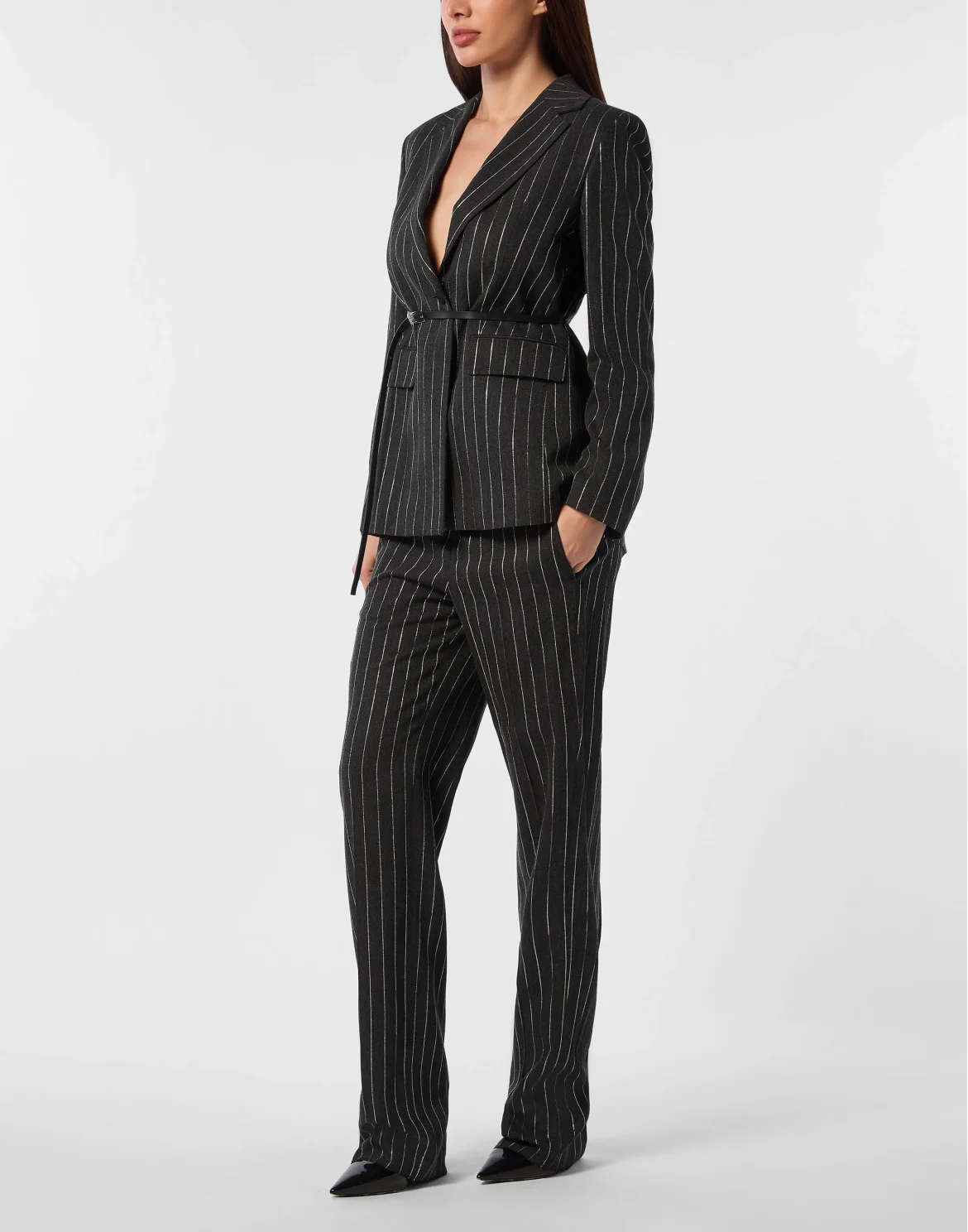 Pinstriped Belted Blazer, цвет: Серый