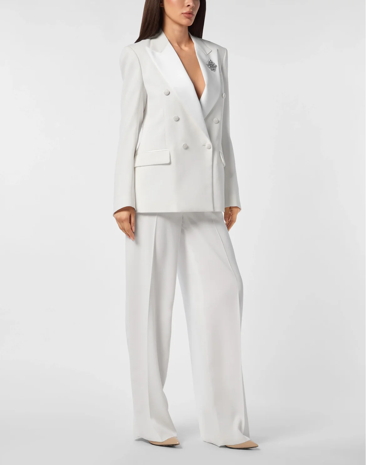 Crepe and Satin Double-Breasted Blazer Dame, цвет: Белый