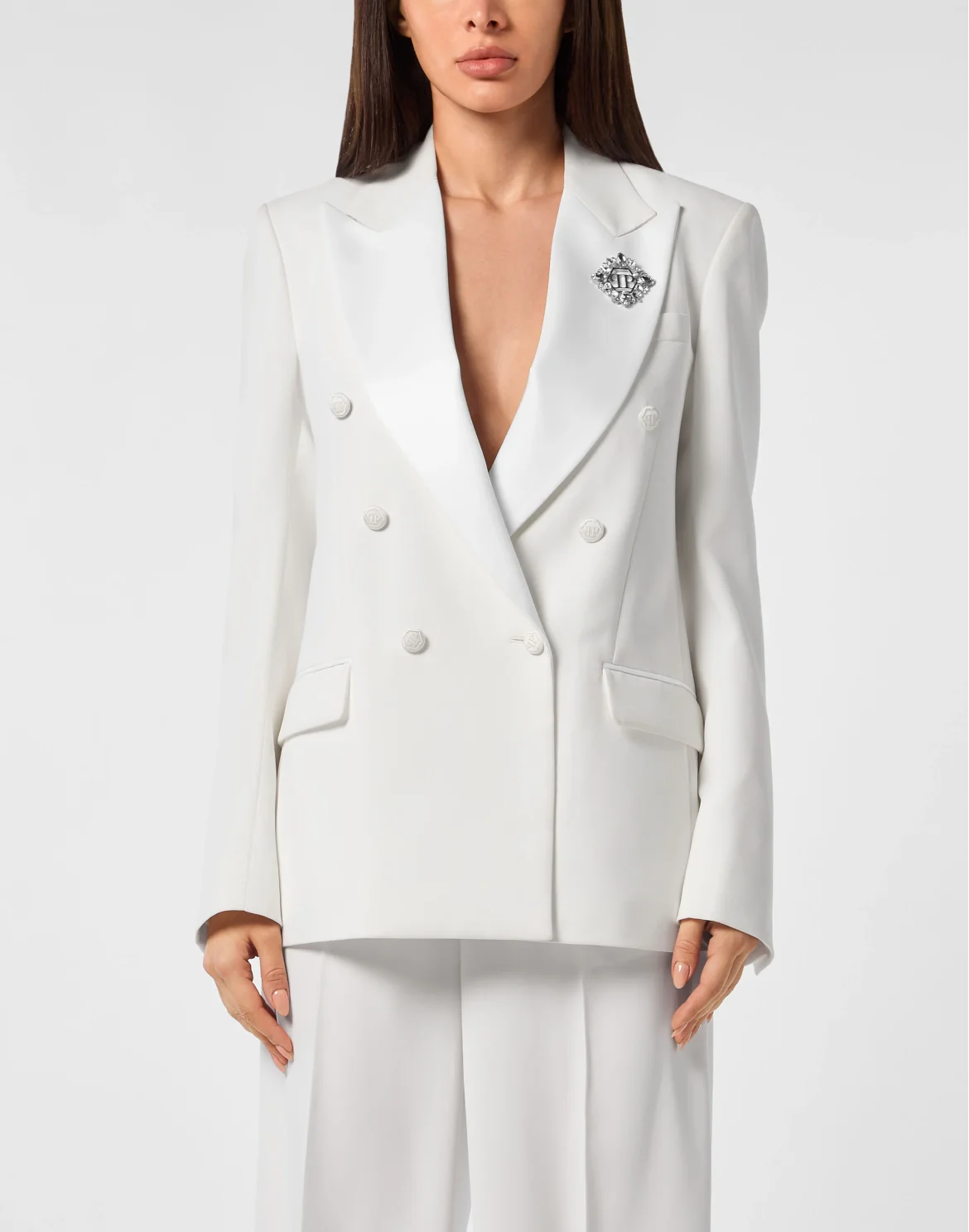 Crepe and Satin Double-Breasted Blazer Dame, цвет: Белый