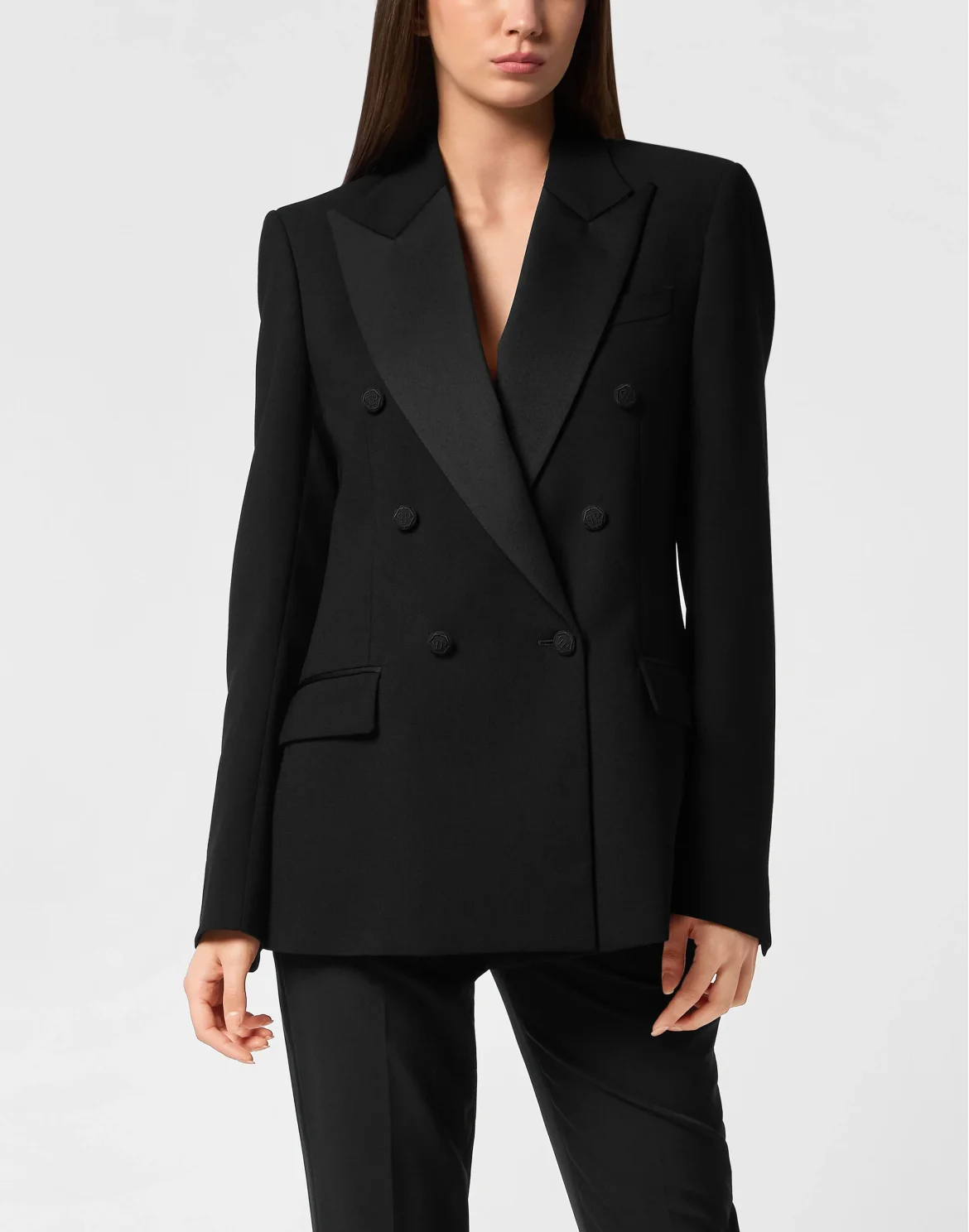 Crepe and Satin Double-Breasted Blazer Dame, цвет: Черный