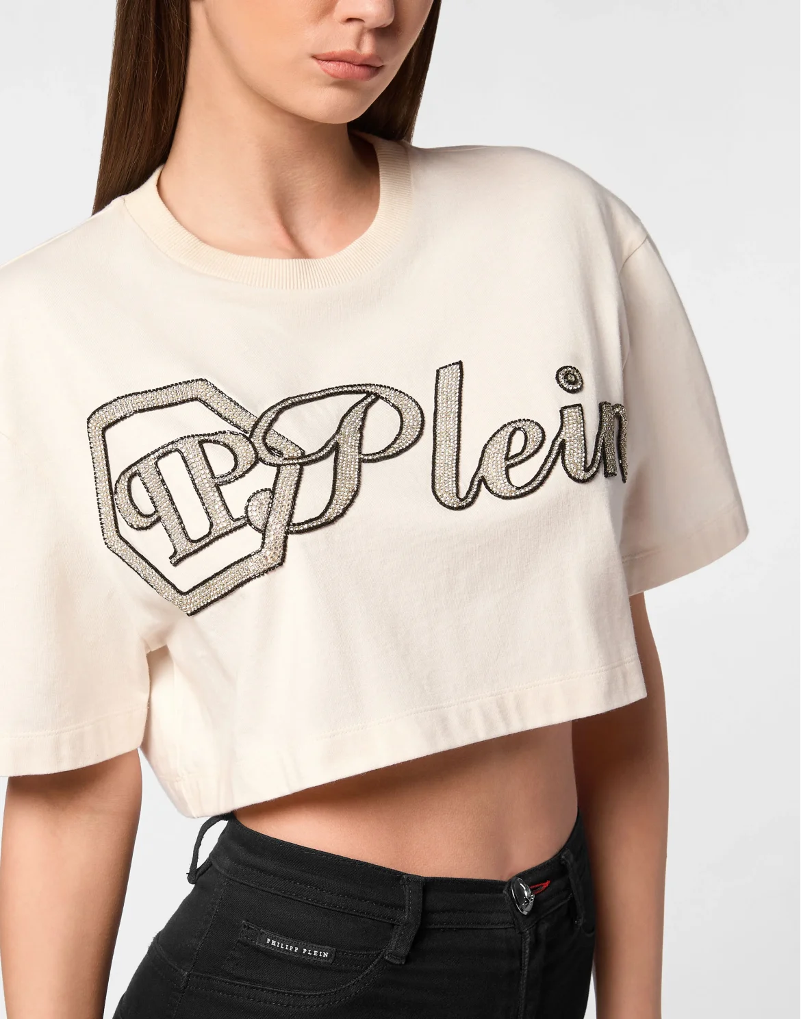 Cropped T-Shirt Crystal Signature, цвет: Бежевый