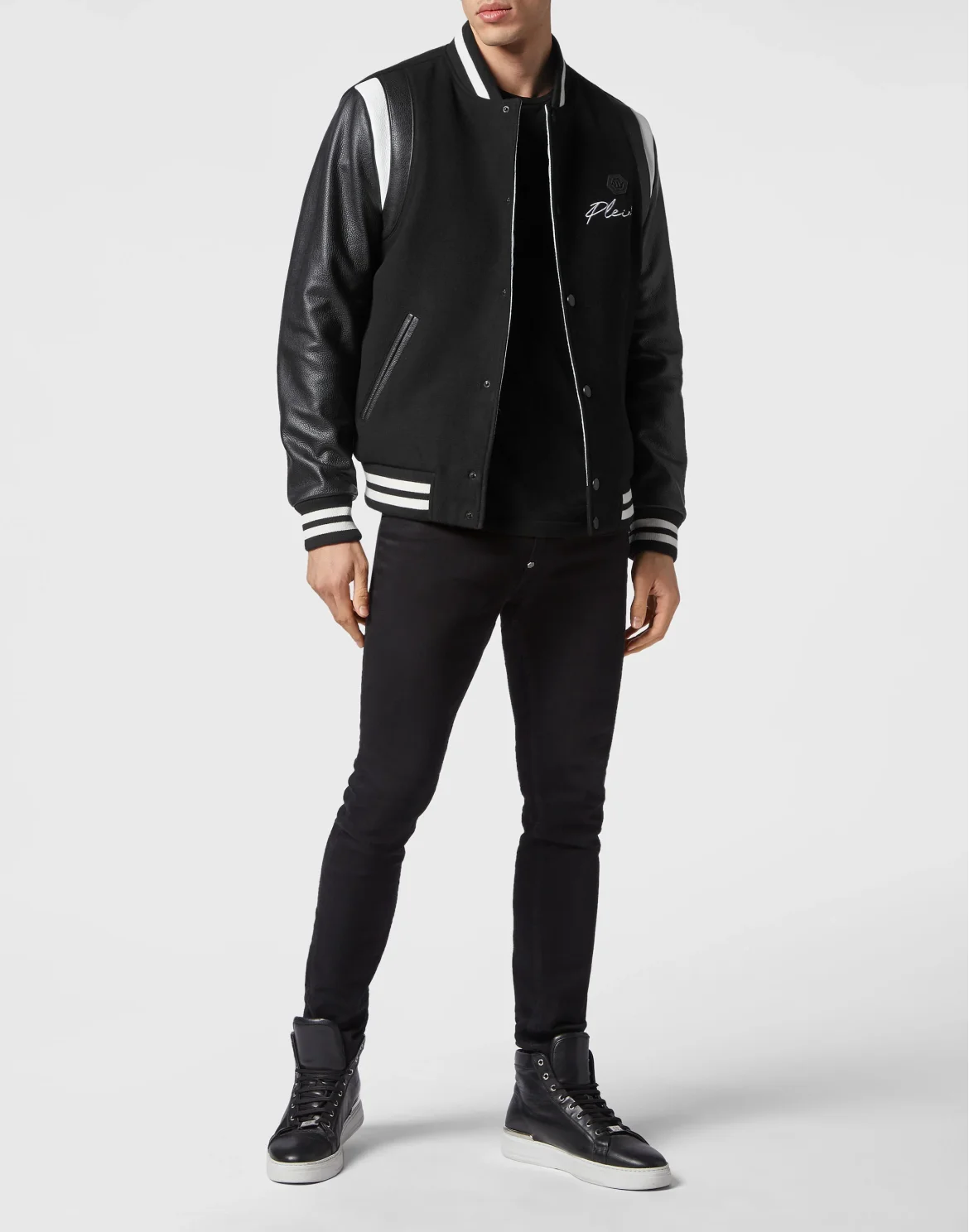 Slim Cut Wool And Leather Bomber Embroidery, цвет: Черный