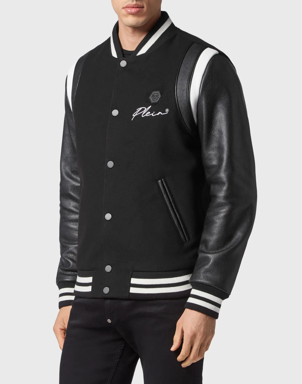 Slim Cut Wool And Leather Bomber Embroidery, цвет: Черный