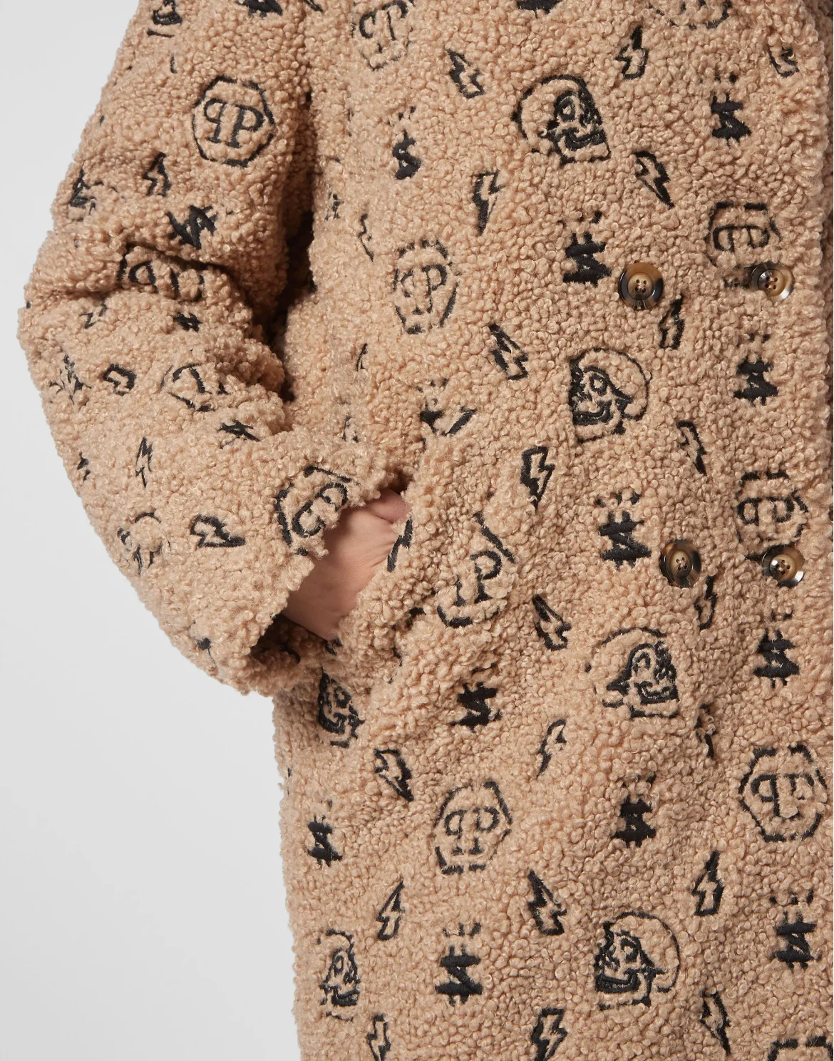 Eco Fur Coat Embroidery Monogram, цвет: Бежевый