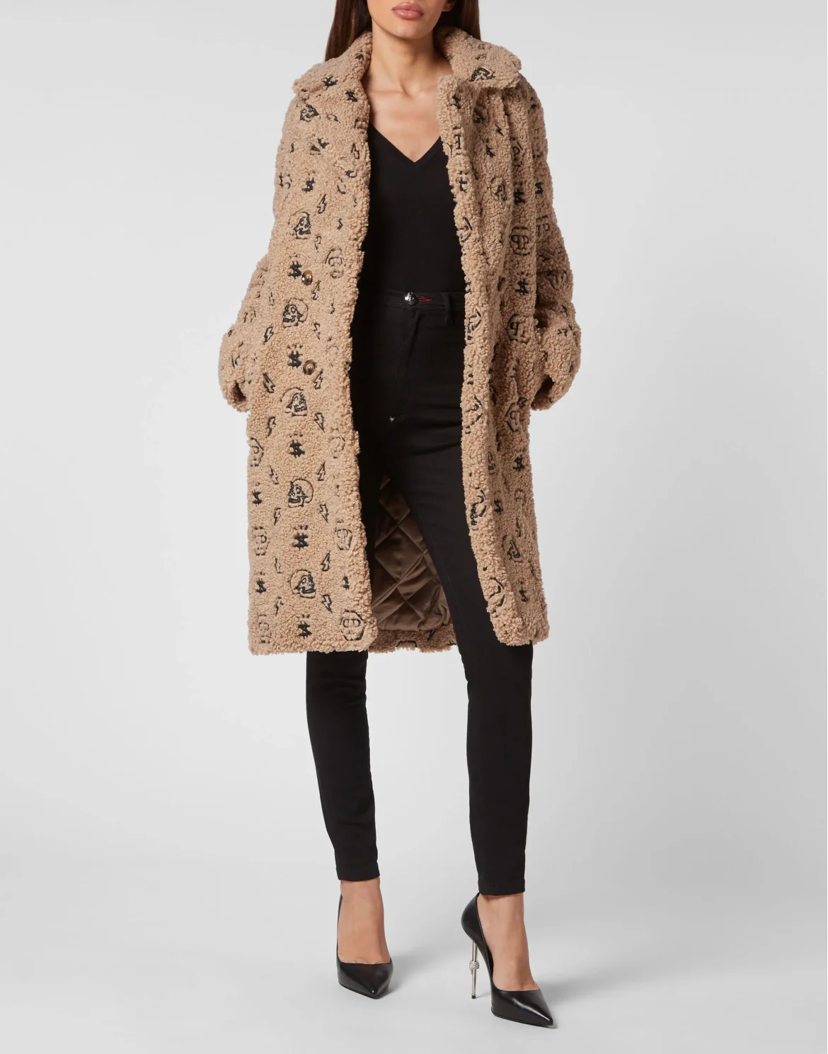 Eco Fur Coat Embroidery Monogram, цвет: Бежевый