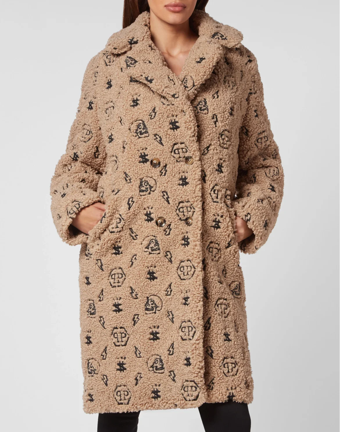 Eco Fur Coat Embroidery Monogram, цвет: Бежевый