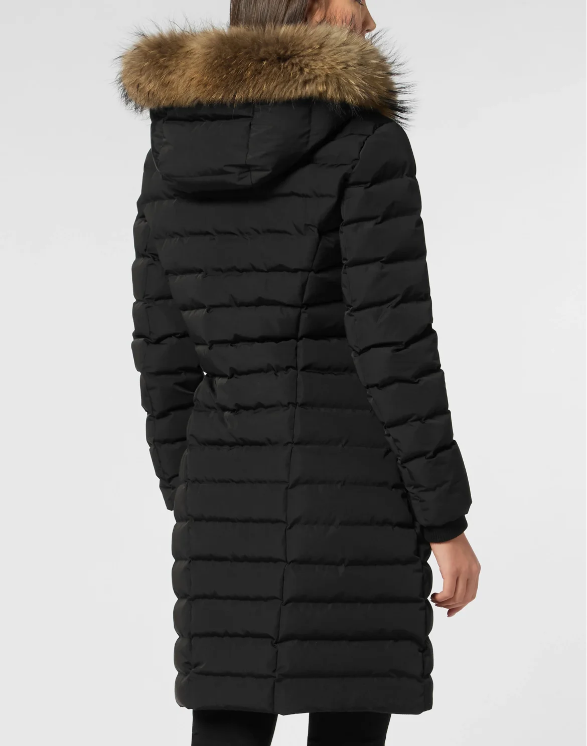 Nylon Puffer Long Down Jacket with Fur Collar, цвет: Черный