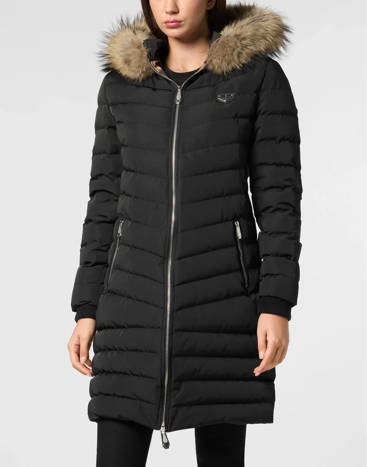 Nylon Puffer Long Down Jacket with Fur Collar, цвет: Черный