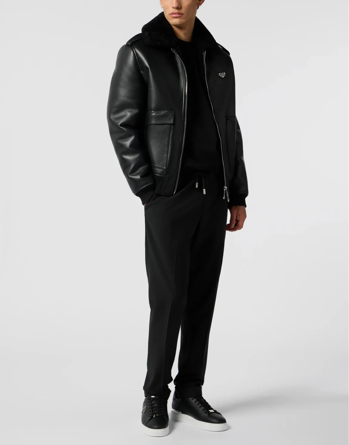 Slim Fit Eco Shearling Aviator Jacket, цвет: Черный