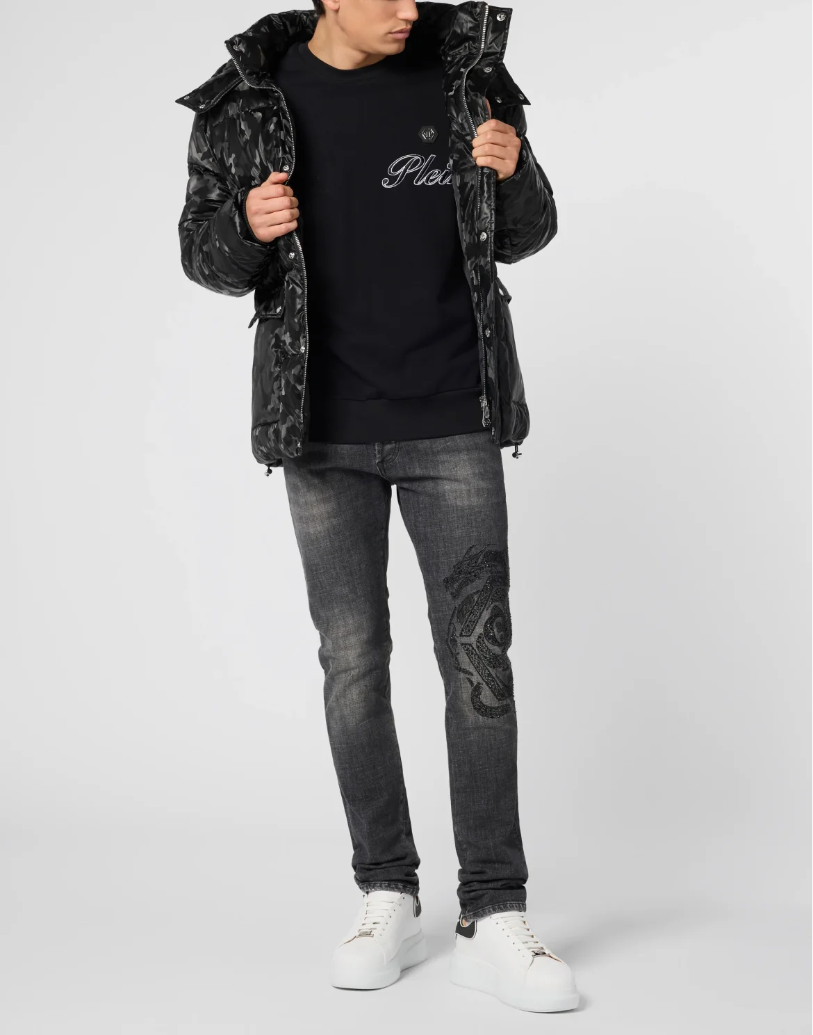 Oversize Shiny Nylon Puffer Jacket Camouflage, цвет: Черный