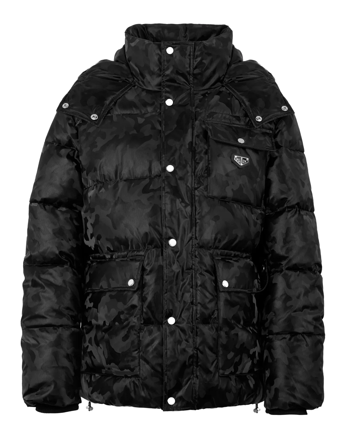 Oversize Shiny Nylon Puffer Jacket Camouflage, цвет: Черный
