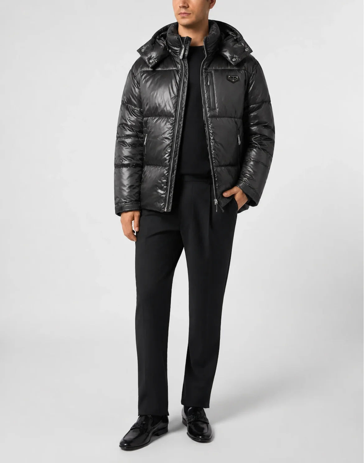 Shiny Nylon Puffer Jacket, цвет: Черный