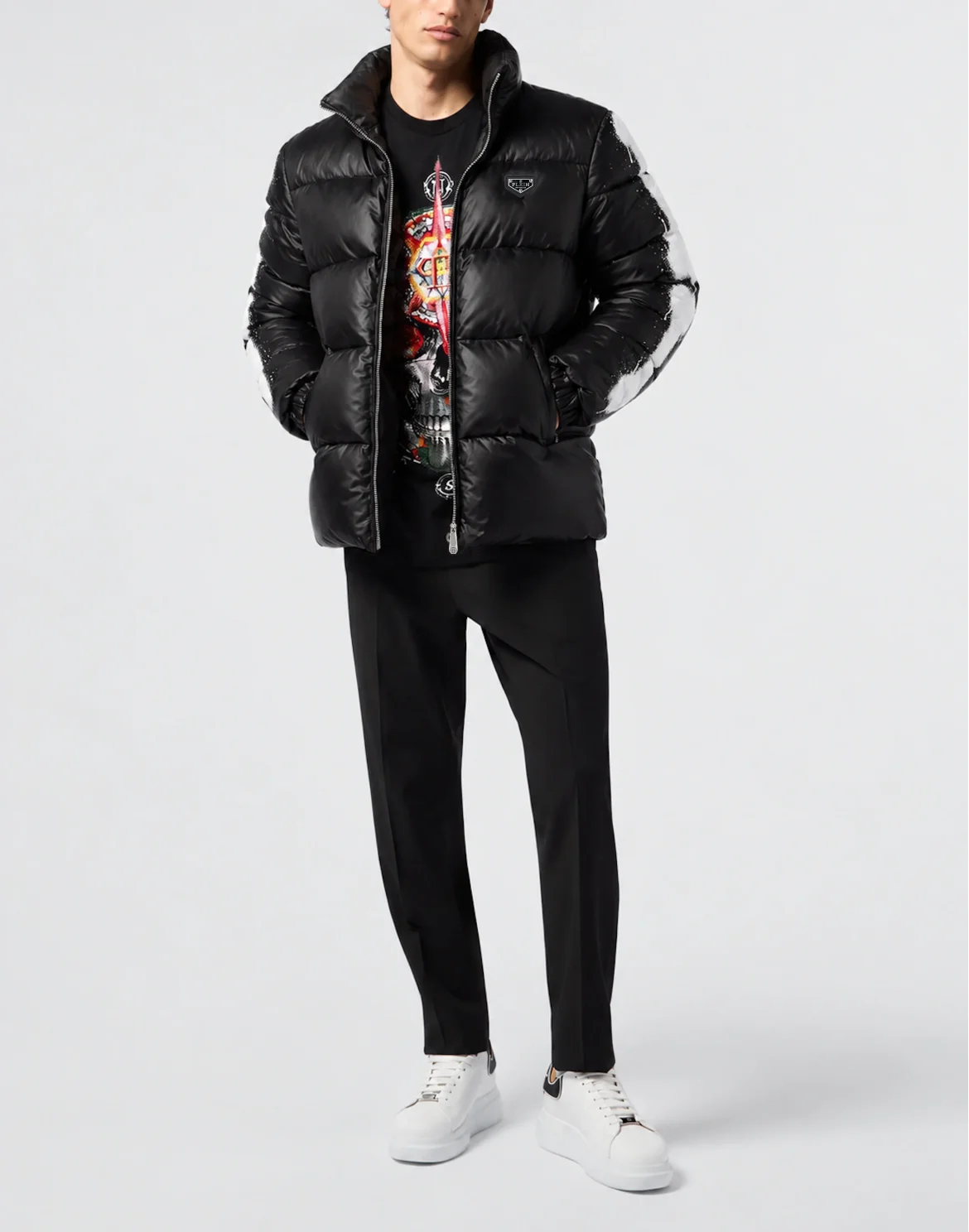 Skeleton Shiny Nylon Puffer Jacket, цвет: Черный