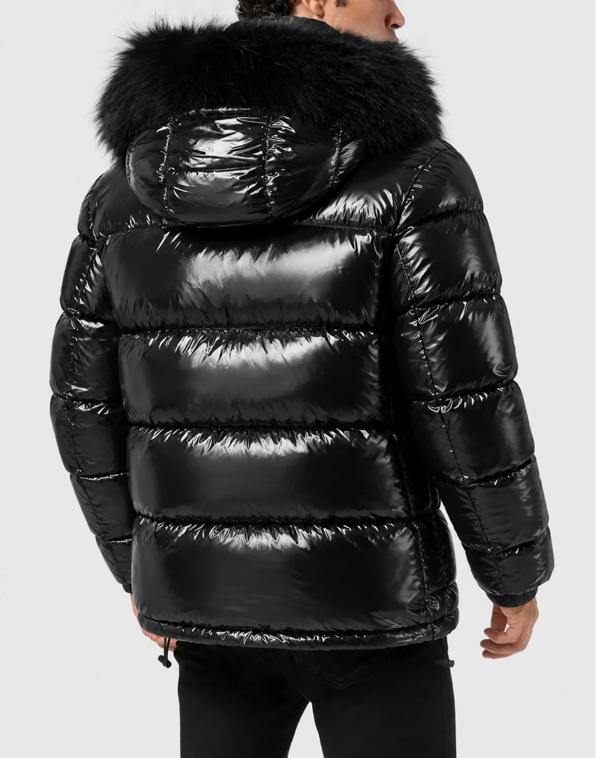 Shiny Nylon Puffer Jacket Fox Fur, цвет: Черный