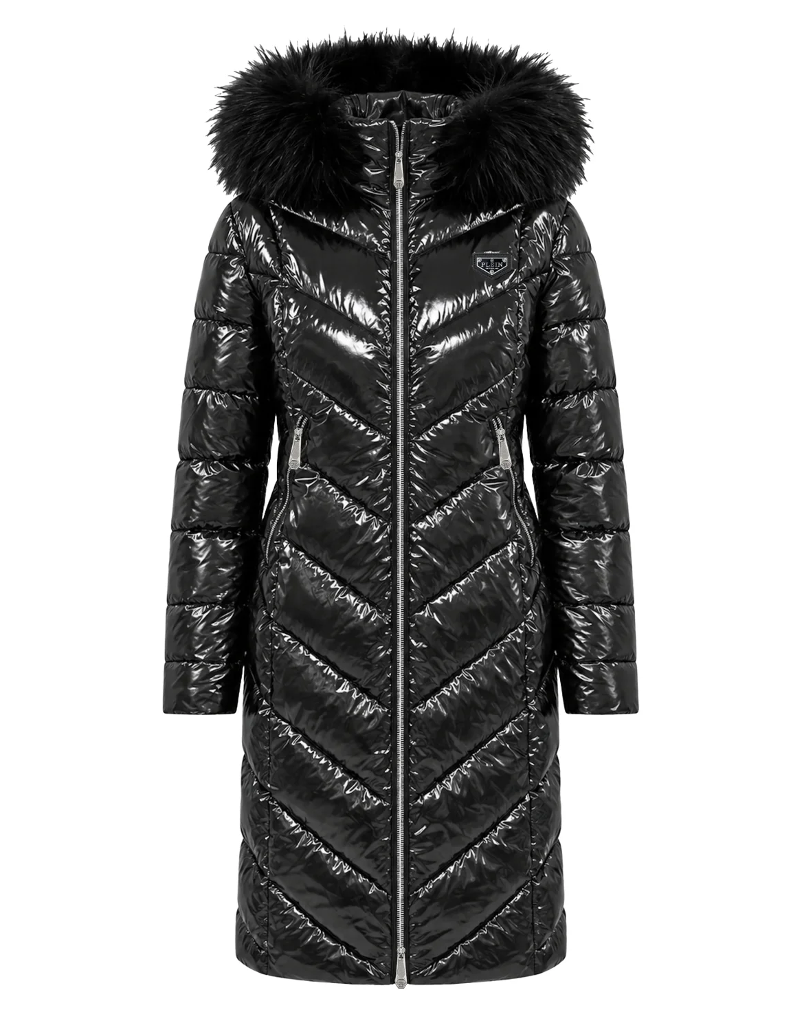 Shiny Nylon Padded Long Jacket Fox Fur, цвет: Черный