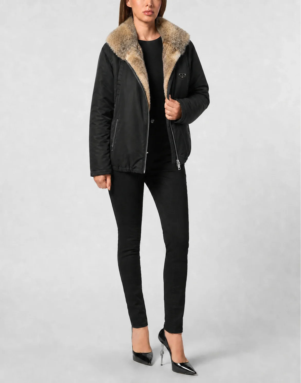 Fur Nylon Puffer Jacket, цвет: Черный
