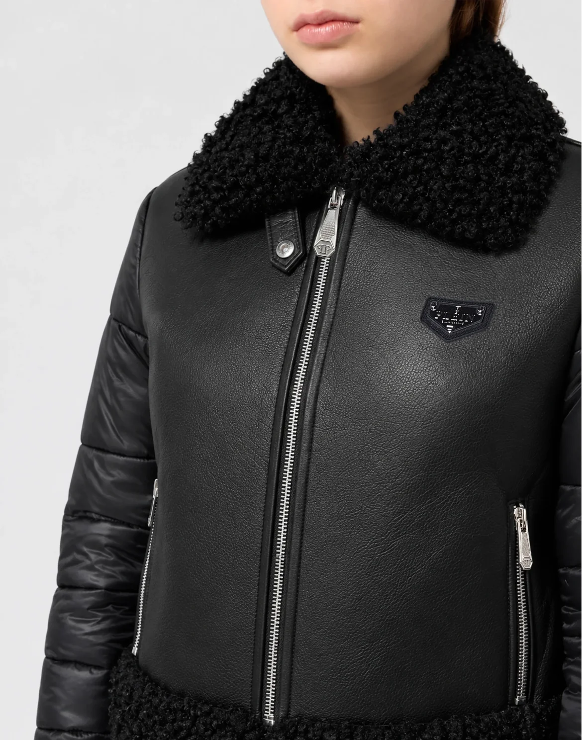 Eco Leather Shearling Jacket, цвет: Черный