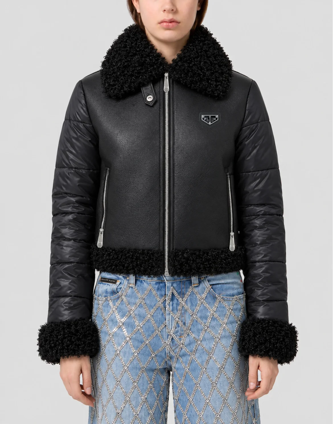 Eco Leather Shearling Jacket, цвет: Черный