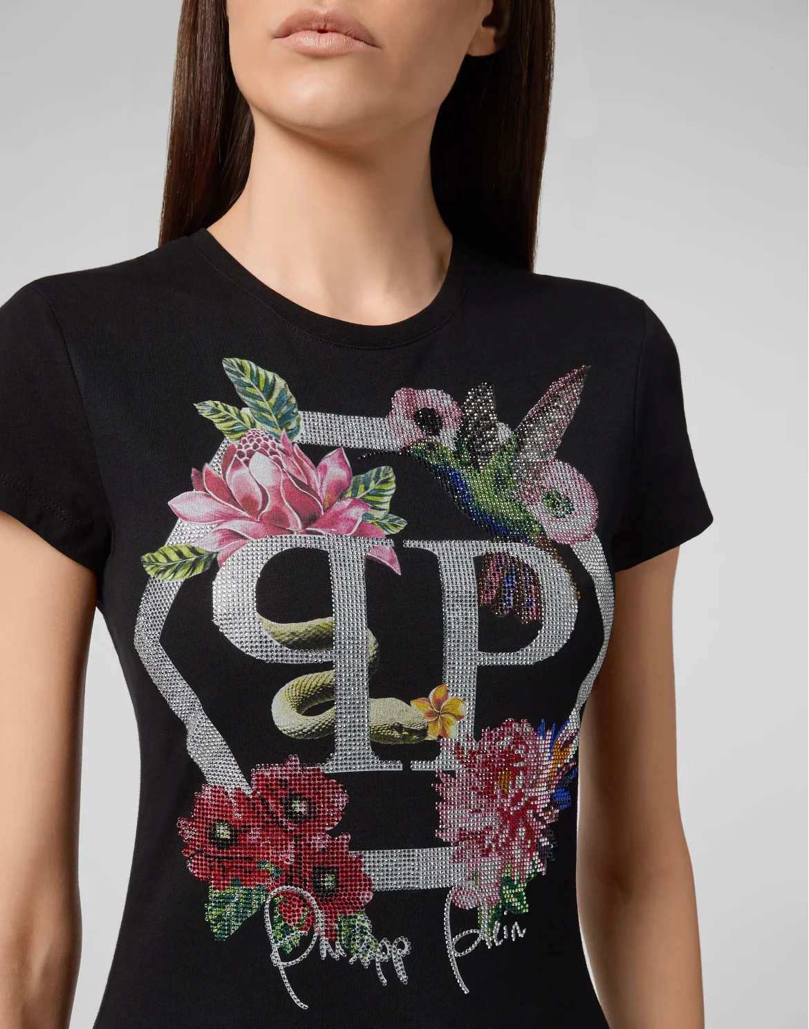 T-shirt Round Neck SS Flowers, цвет: Черный