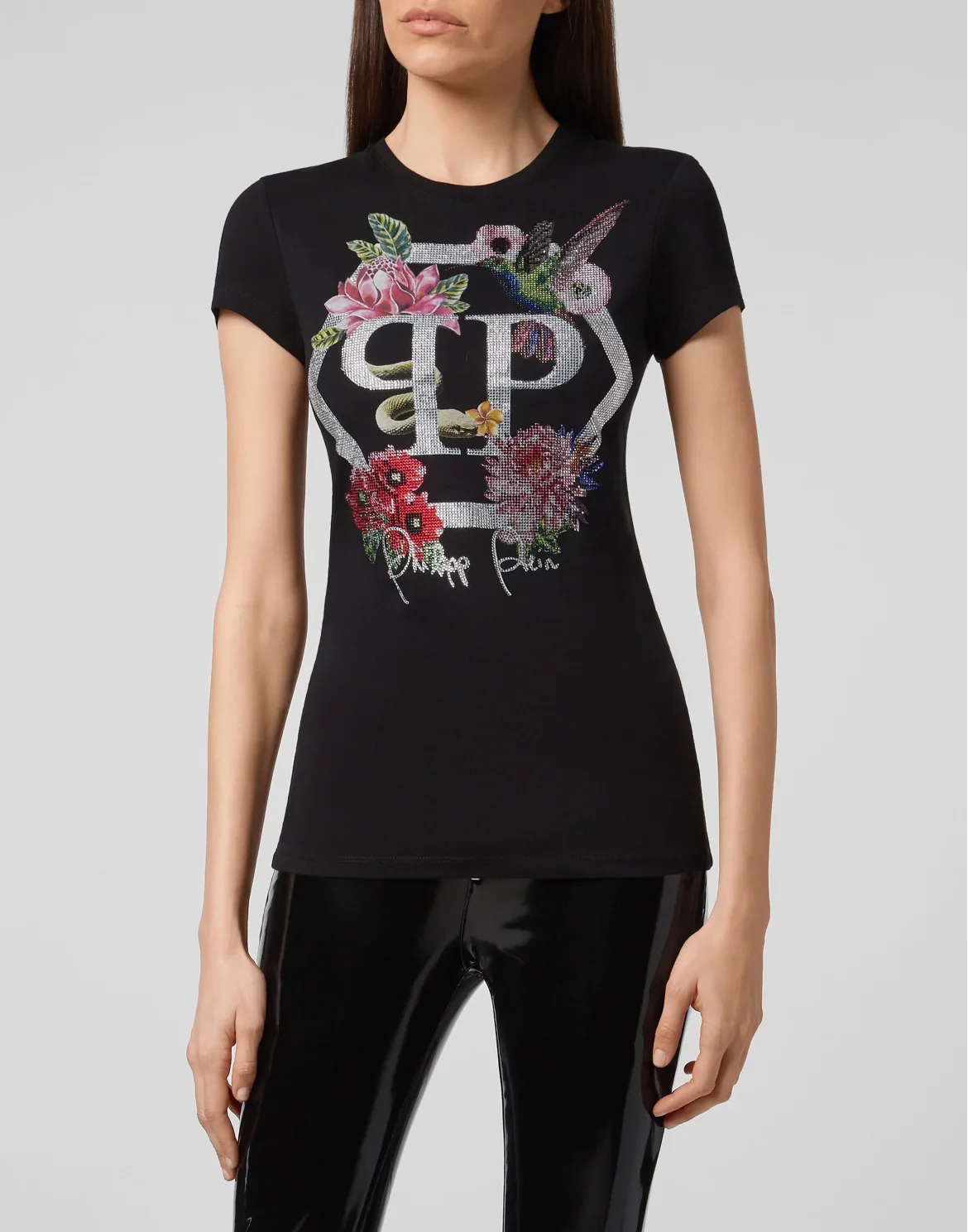 T-shirt Round Neck SS Flowers, цвет: Черный