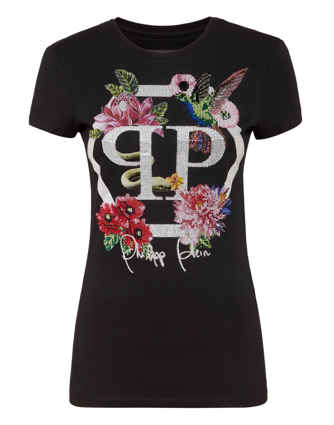 T-shirt Round Neck SS Flowers, цвет: Черный