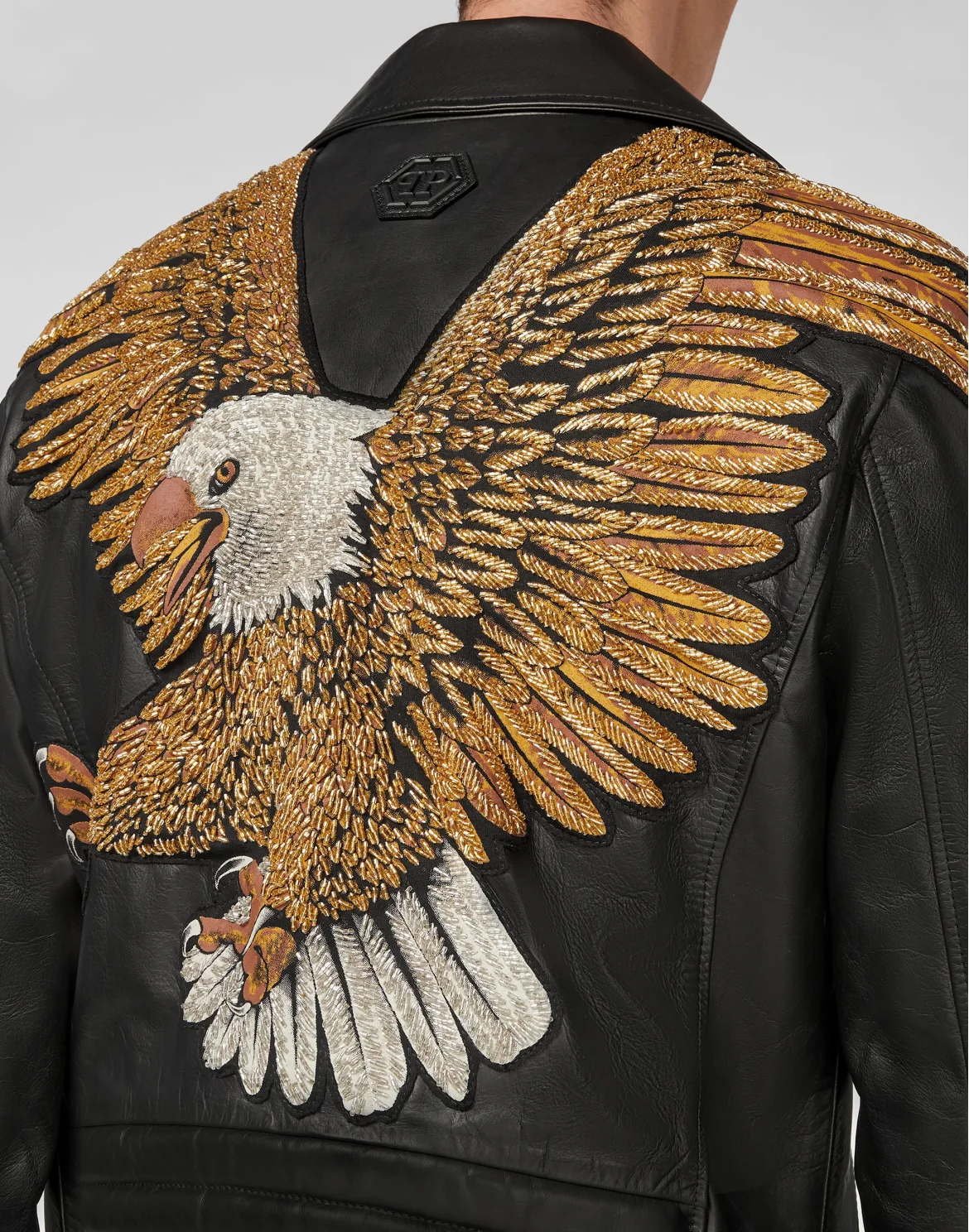 Leather Biker Hand stitched Golden Eagle, цвет: Черный
