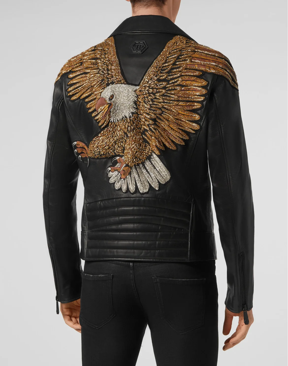 Leather Biker Hand stitched Golden Eagle, цвет: Черный