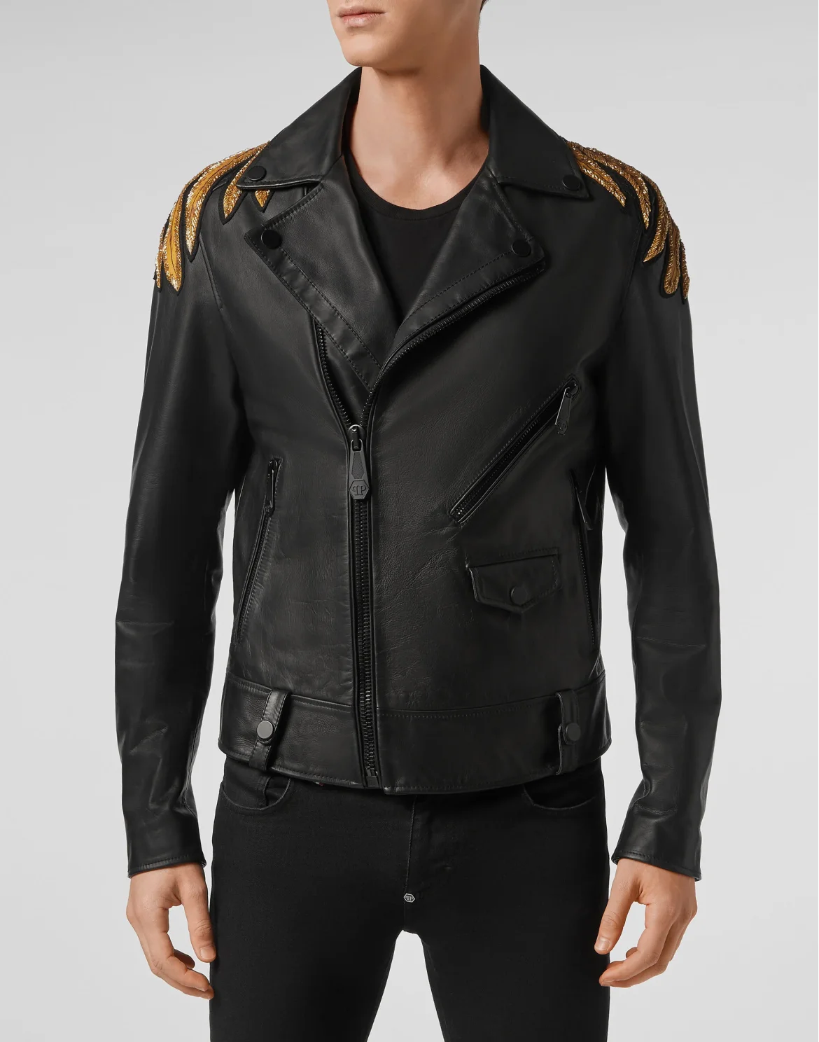 Leather Biker Hand stitched Golden Eagle, цвет: Черный