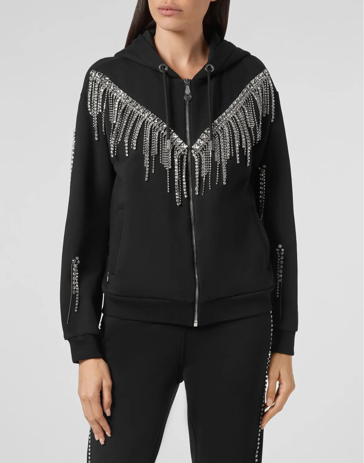 Hoodie Sweatjacket Crystal Fringe, цвет: Черный