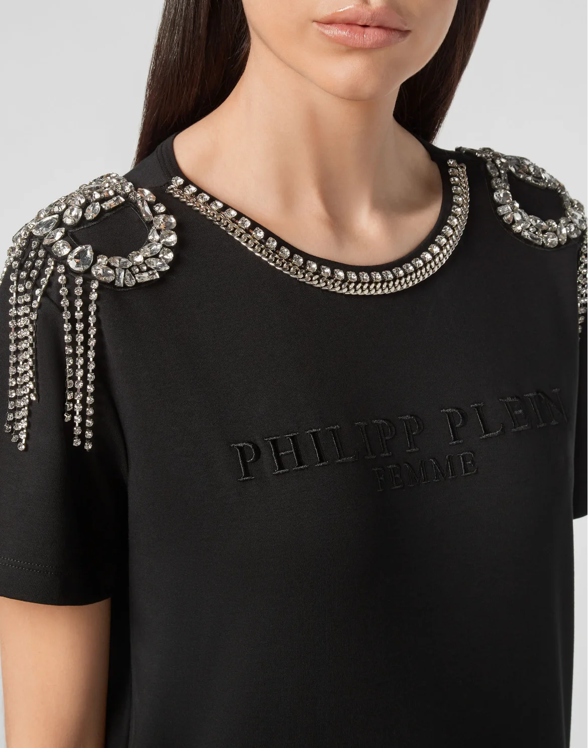 T-shirt Round Neck SS Crystal Fringe, цвет: Черный