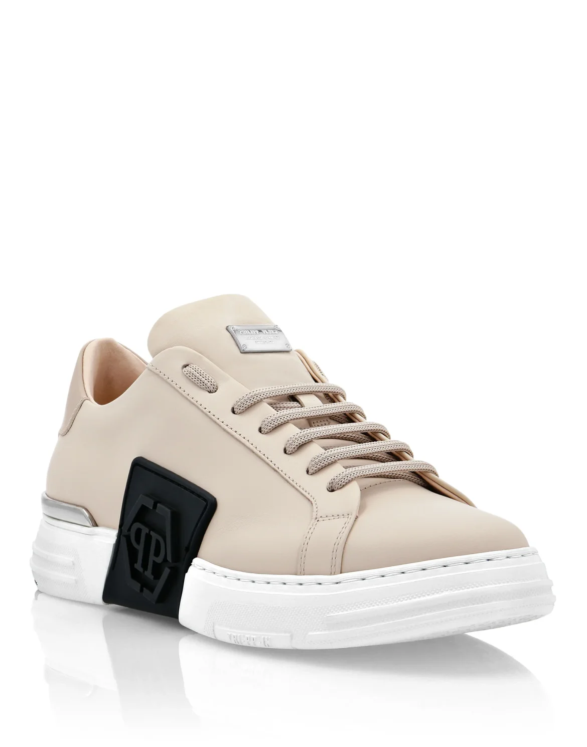 LO-TOP SNEAKERS PHANTOM KICK$ LEATHER HEXAGON ICONIC PLEIN, цвет: Бежевый