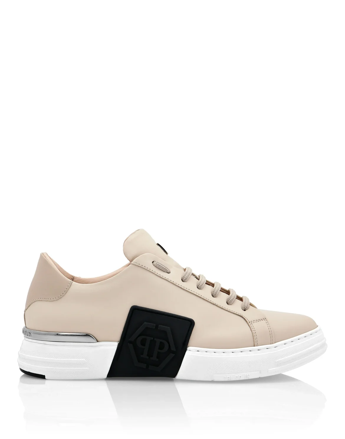 LO-TOP SNEAKERS PHANTOM KICK$ LEATHER HEXAGON ICONIC PLEIN, цвет: Бежевый