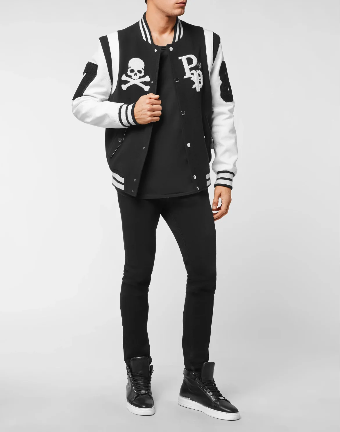 College Jacket Deer Leather Sleeves Patches, цвет: Черный