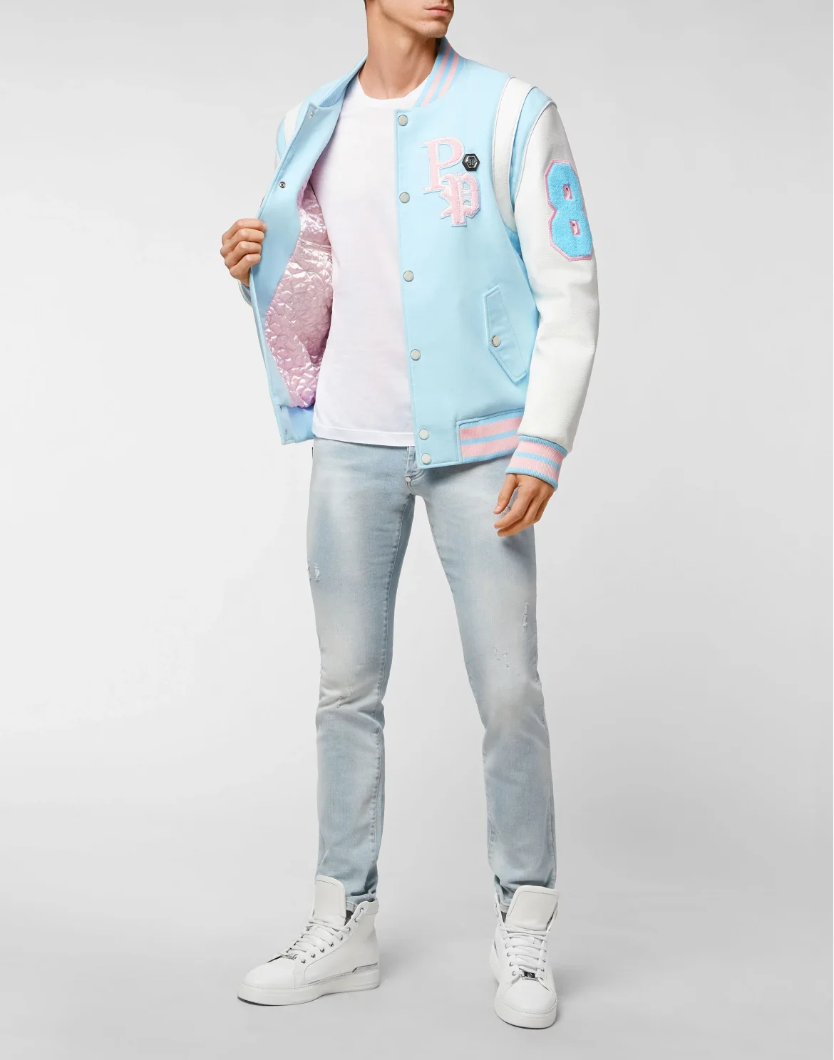 College Jacket Deer Leather Sleeves Patches, цвет: Голубой