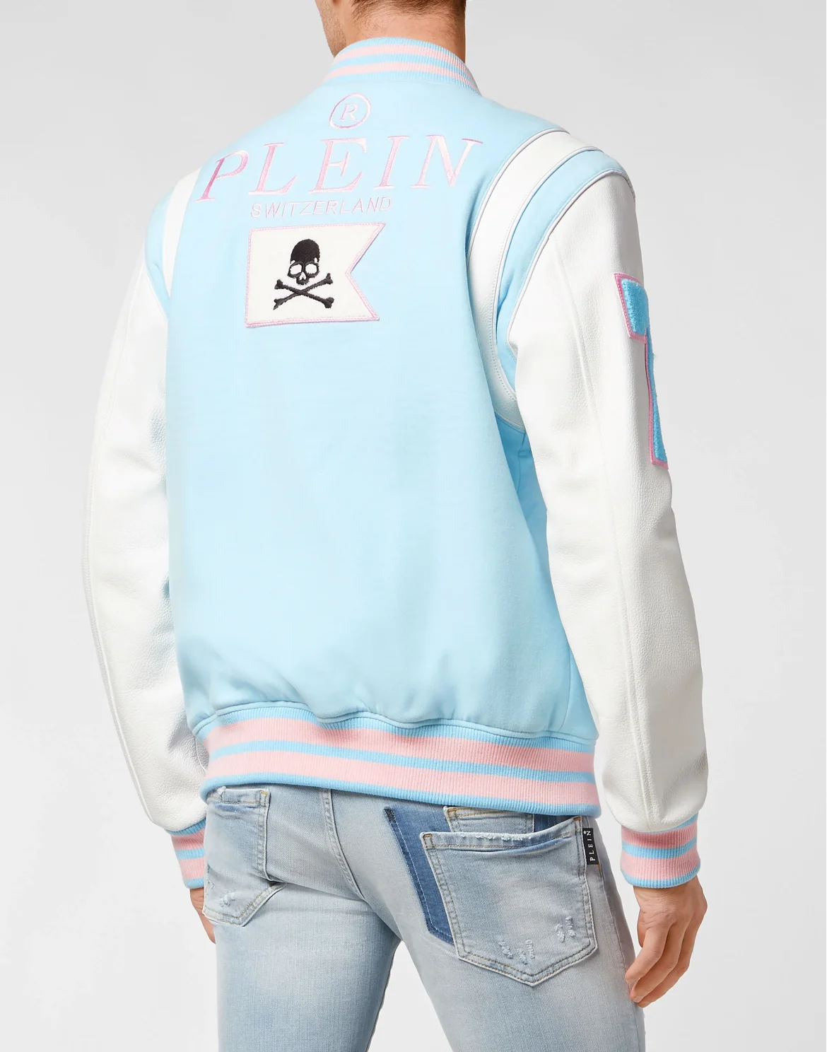 College Jacket Deer Leather Sleeves Patches, цвет: Голубой