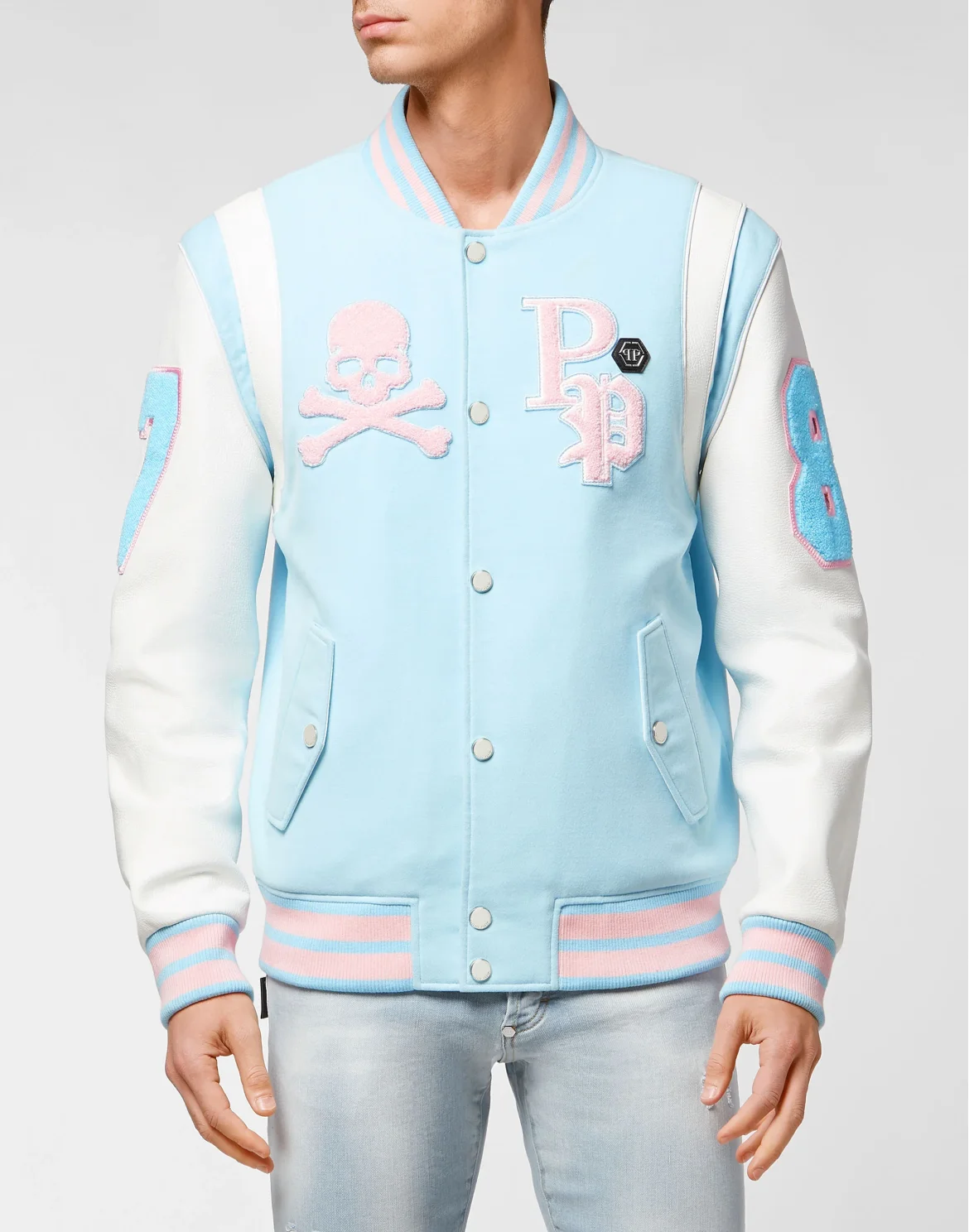 College Jacket Deer Leather Sleeves Patches, цвет: Голубой