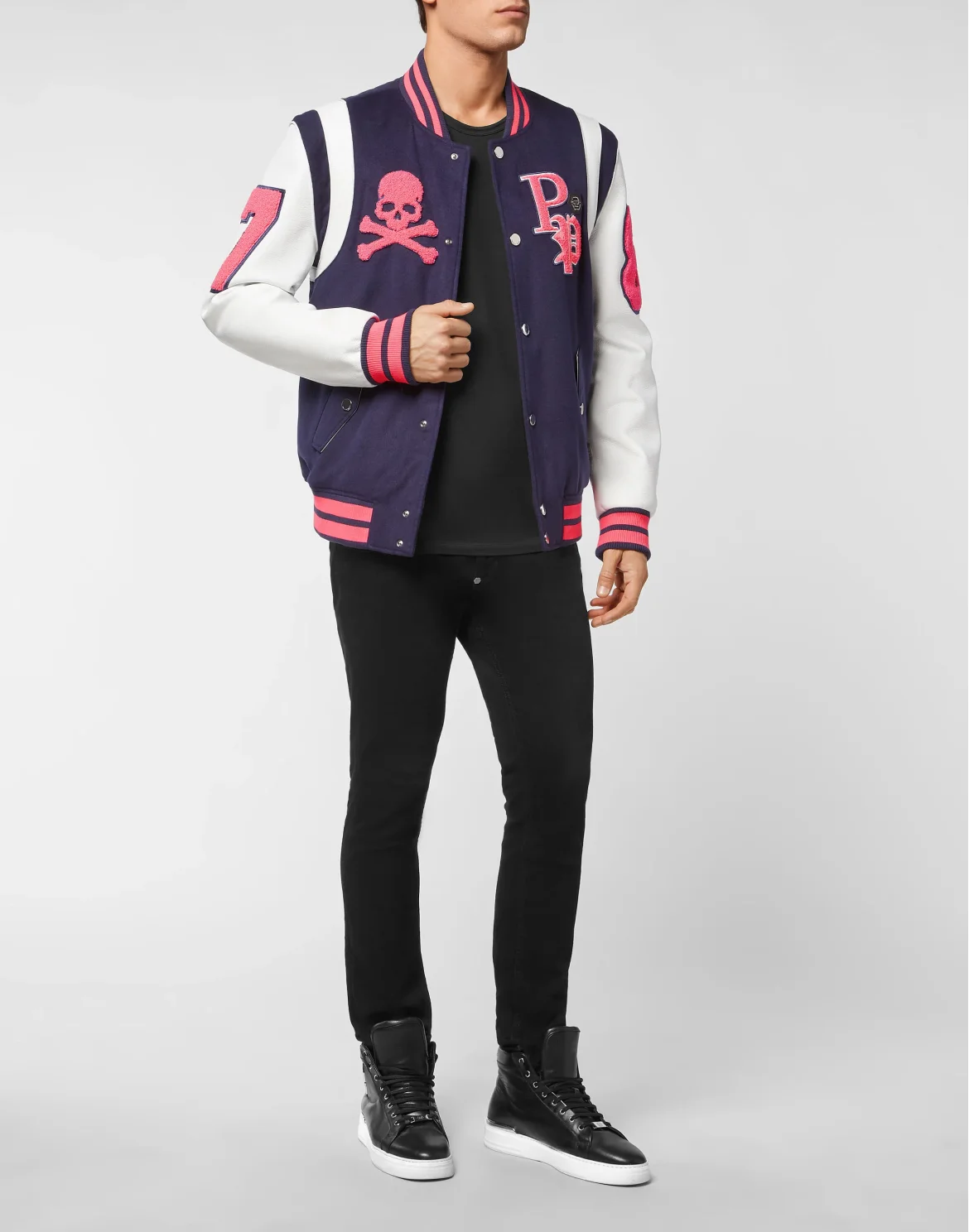 College Jacket Deer Leather Sleeves Patches, цвет: Синий